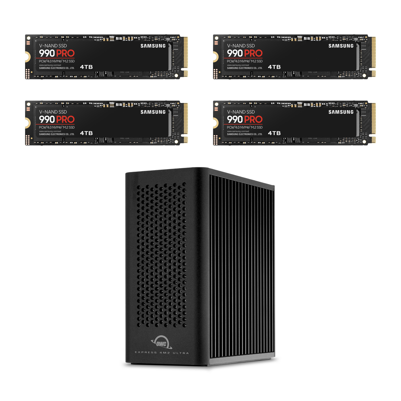 OWC Express 4M2 Ultra エンクロージャ + Samsung 990 PRO NVMe SSD (4TB) ４枚セットモデル